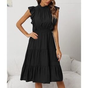 Homeyee Ruffle Flutter Sleeve Smocked Midi Dress Flowy Tiered Black Dress XL